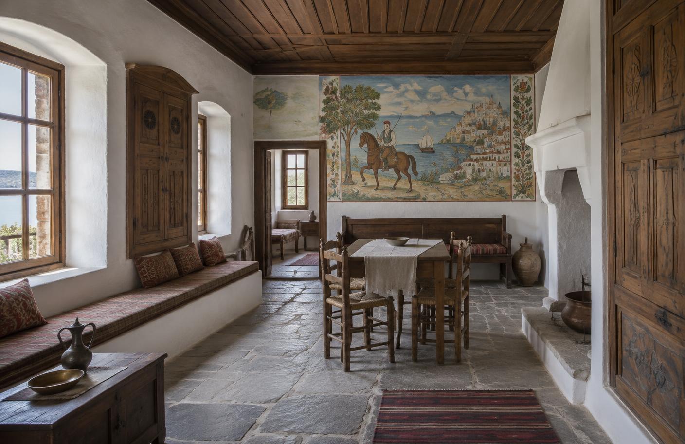 Illustrative reconstruction of a furnished room inside a nineteenth-century Pelion archontiko