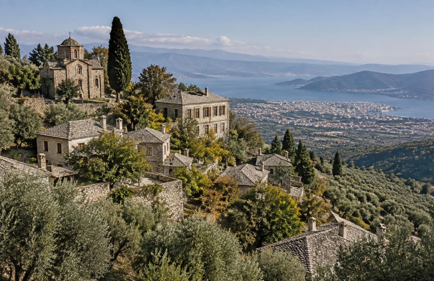 Stone houses and churches on the Pelion slopes above Volos