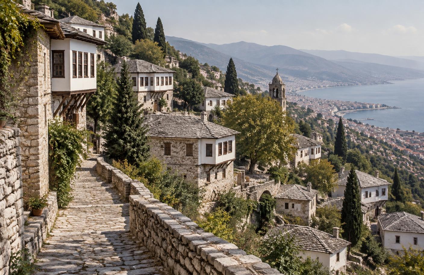 Historically grounded reconstruction of Makrinitsa's stone mansions and cobbled lanes above Volos