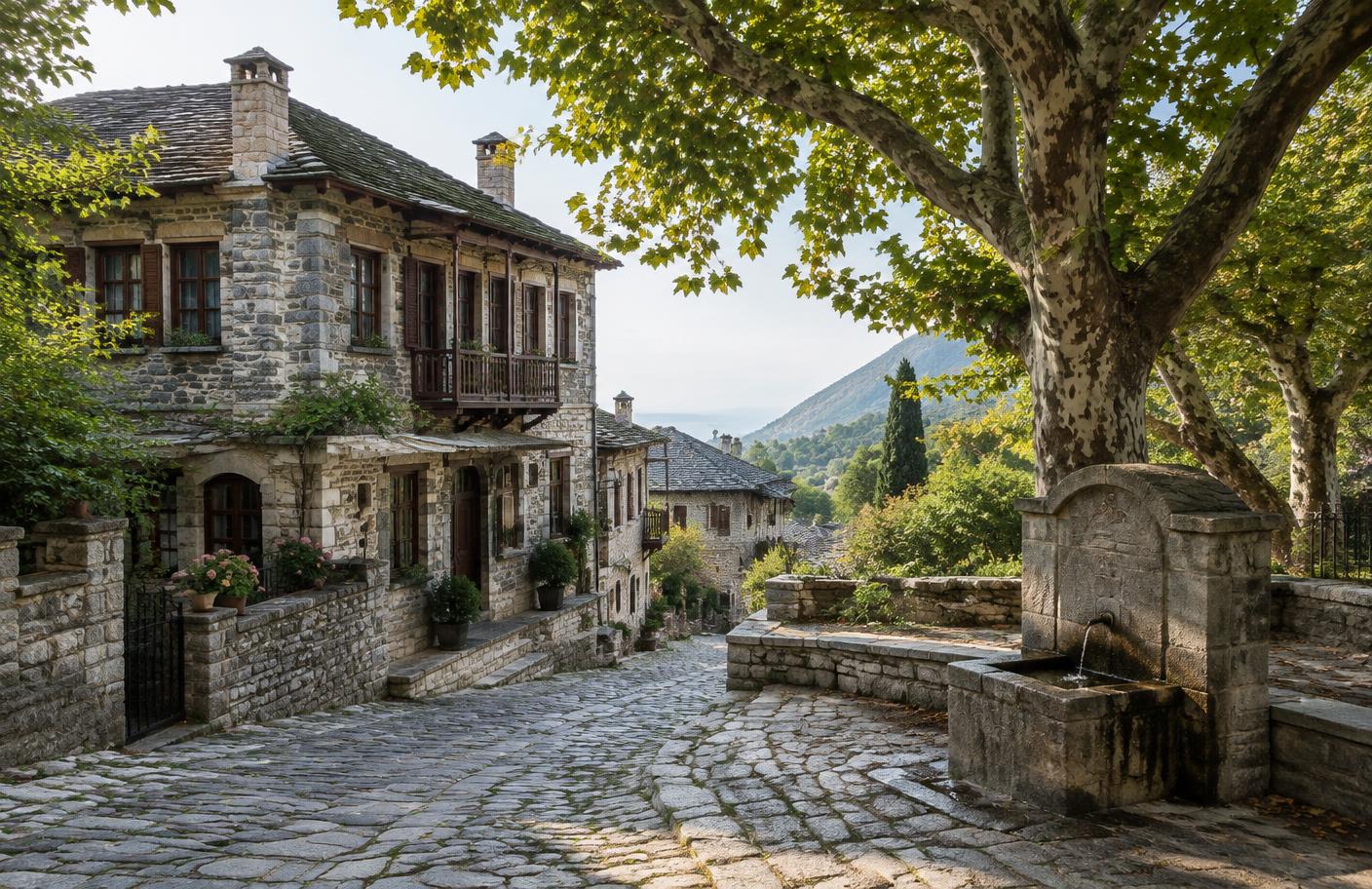 Documentary reconstruction of Portaria's stone mansions, cobbled street, and plane-shaded fountain