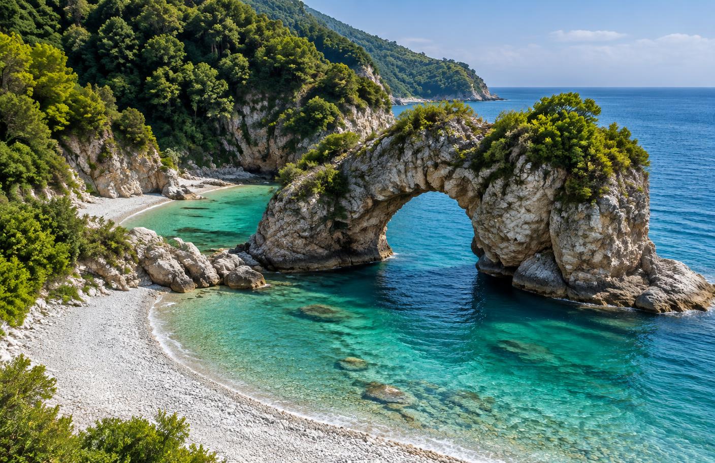 Documentary reconstruction of Mylopotamos beach and its natural rock arch beneath Tsagarada