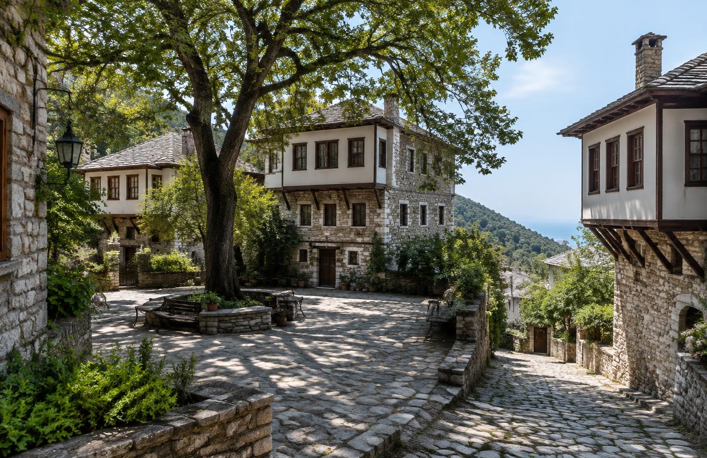 Documentary reconstruction of Vizitsa's traditional Pelion mansions around a shaded stone square