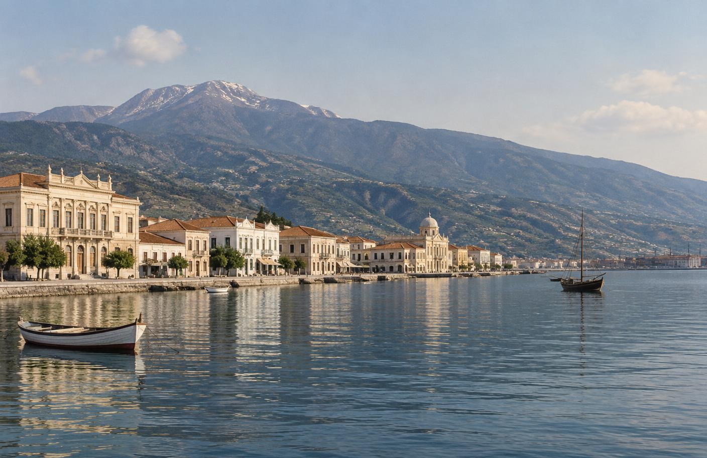 Documentary view of the Volos waterfront beneath Mount Pelion
